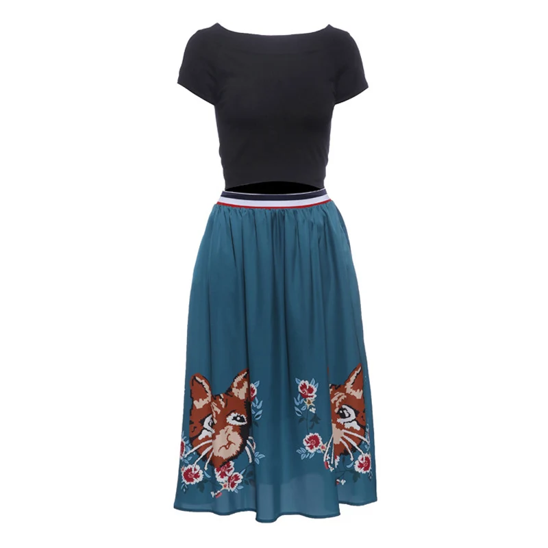 

Formal Style Skirt Suit Women Set Black Knitting Top and Animal Printed Blue Ball Gown Skirt Women's Suits with Skirt Autumn