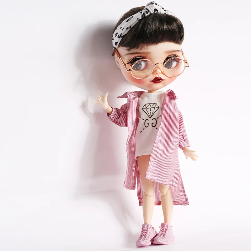 1 шт., Повседневная Длинная полосатая рубашка Blyth Dolls, розовая, синяя, нестандартная рубашка для кукол Blyth licca, аксессуары, Одежда для кукол
