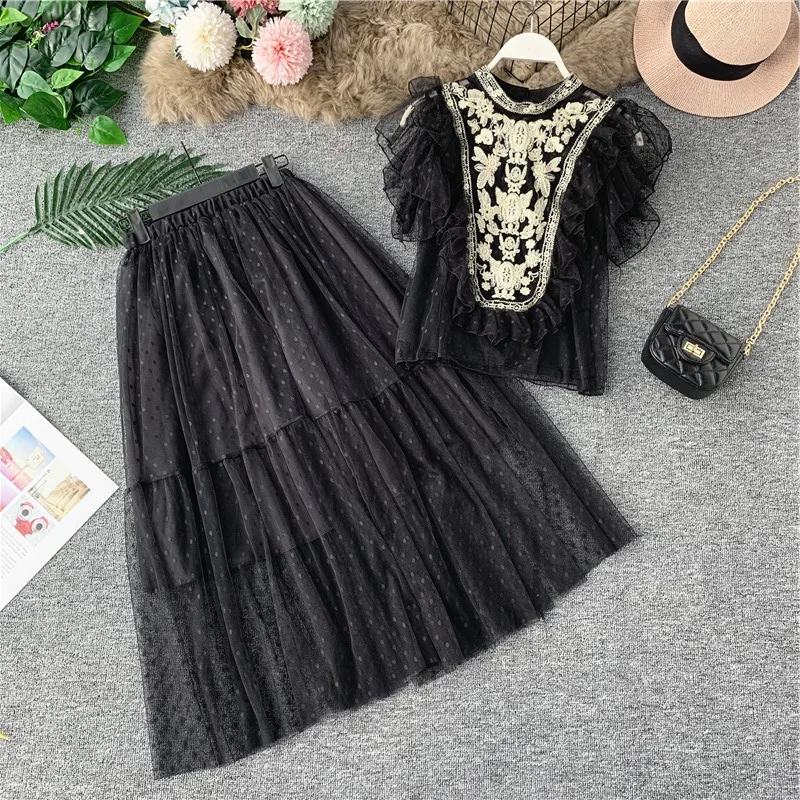 Элегантный Летний сетчатый Женский комплект 2 шт. французский стиль вышивка