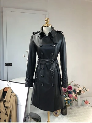 Черный Женские пальто, модные,, овчина, натуральная кожа, длинные, настоящая овчина, ветровка, женское, двубортное пальто - Цвет: Черный