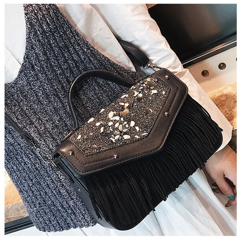 LHLYSGS brand pu bag for women 2018 European and American fashion frosted tassels women's sequins ladies shoulder bags | Багаж и сумки