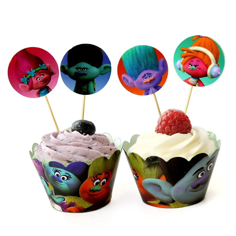 Wrapper Topper 24pcs Тема троллей посуда для вечеринки в честь Дня рождения набор ничья карманные чашки скатерть флаги тарелки Дети пользу Мальчики вечерние украшения - Цвет: Wrapper Topper 24pcs