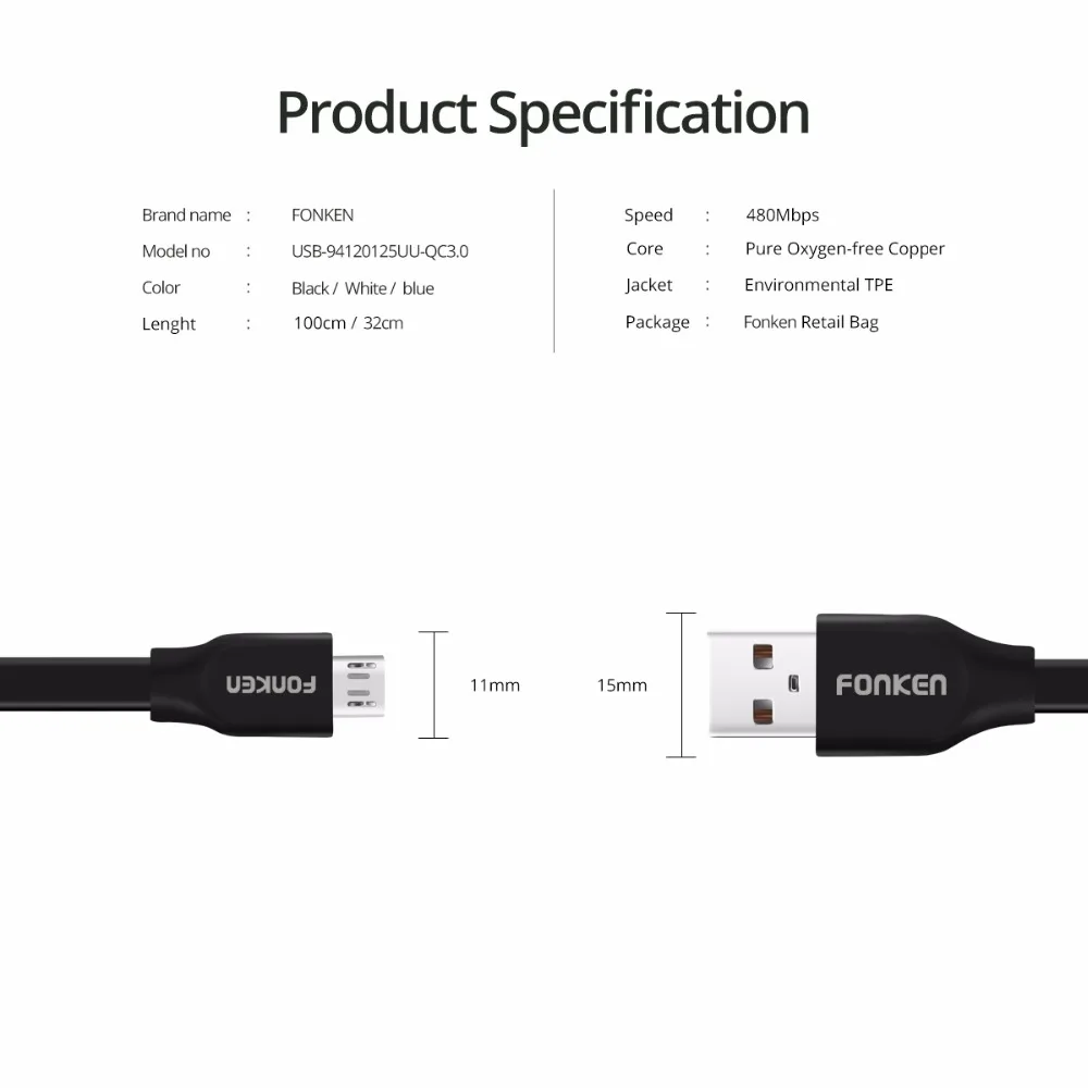 FONKEN Micro USB кабель плоский Лапша Макс 2.4A быстрое зарядное устройство зарядный шнур данных анти-обмотка Быстрая зарядка для мобильных телефонов Кабели