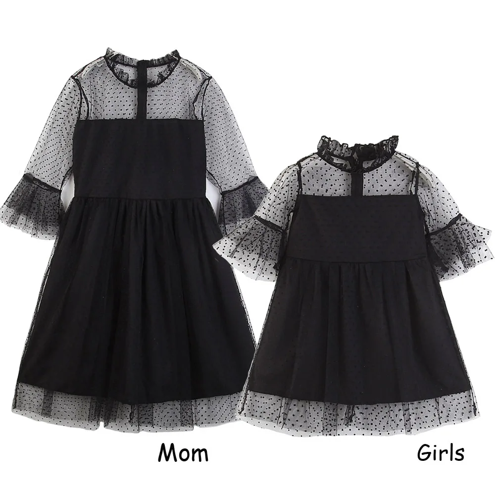 Одежда для мамы и дочки платья прозрачное Тюлевое маленькое черное платье