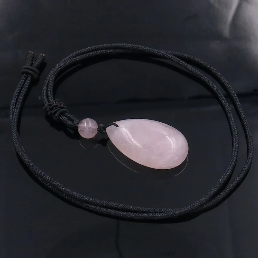 

YJXP Water Drop Shaped Natural Rose Pink Quartzs Pendant Connected Small Round Bead Statement Necklace Women Charms Jewelry