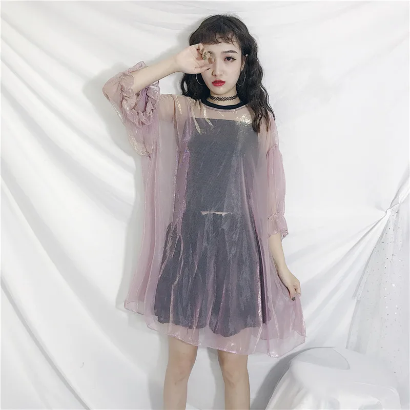 2018 Новый Harajuku лазерной розовый/фиолетовый перспектива Сетчатое платье Женский