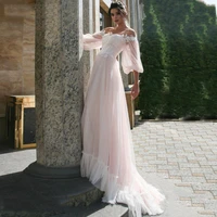 lorie boho pink wedding dress a line lace appliques puff sleeves bride dress wedding gown point tulle 2019