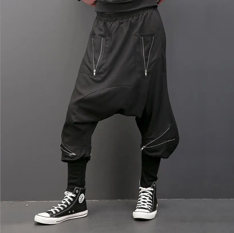 2022 New Men's Clothing Hair Stylist Hp Hop Street Personality Zipper Casual Big Crotch Harem Pants Plus Size Singer Costumes