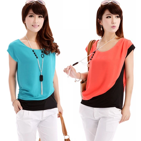Free shipping 2014women's all-match shirt o-neck color block decoration plus size loose short-sleeve top chiffon blouses AR-0172 |