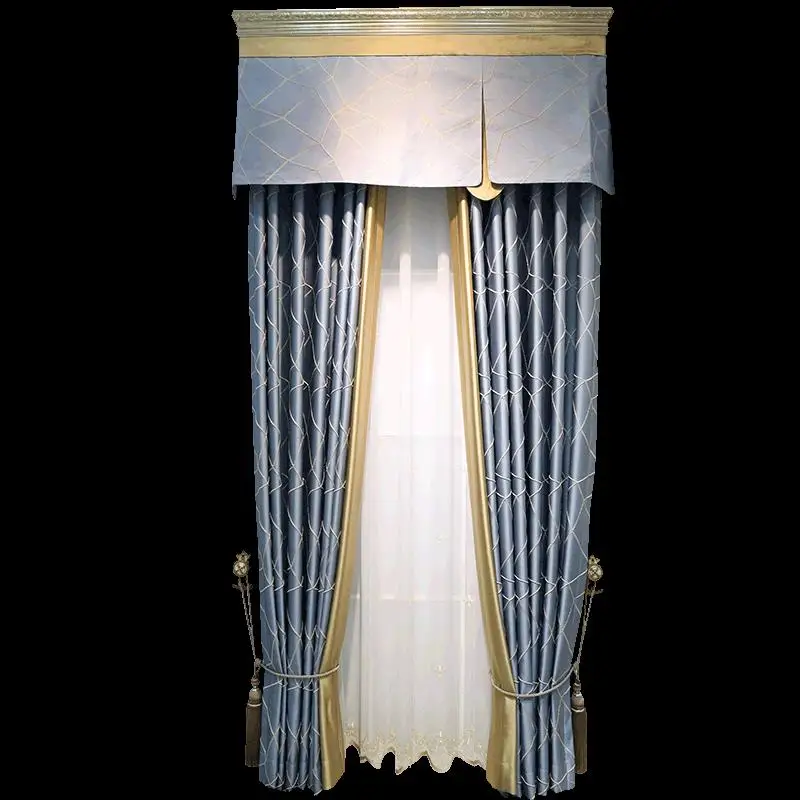 

Custom curtains nordic Jacquard cotton modern living room bluegeometry bedroom cloth blackout curtain tulle valance drape M670