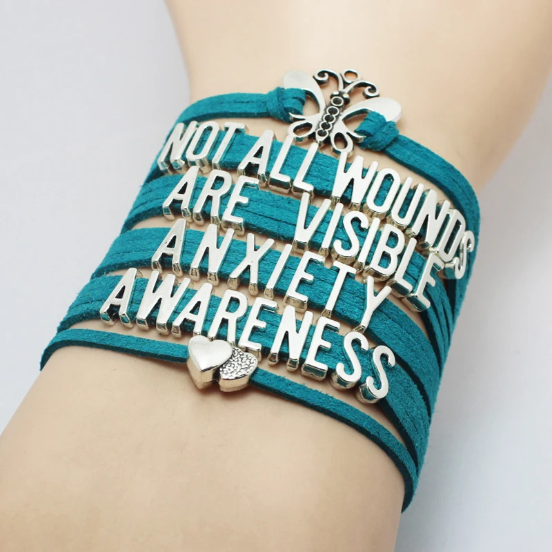 Teal Wide Velvet Band Multi Layers Butterfly Not All Wounds Are Visible PTSD Anxiety Awareness Letters Heart Charms Bracelet | Украшения и