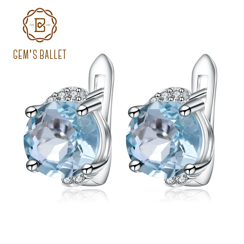 Серьги клипсы женские круглые из серебра 925 пробы с голубым топазом|clip earrings|jewelry