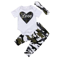 lovely infant baby clothes suits love pattern print white rompercamouflage color pants headband 3pcs children clothing sets