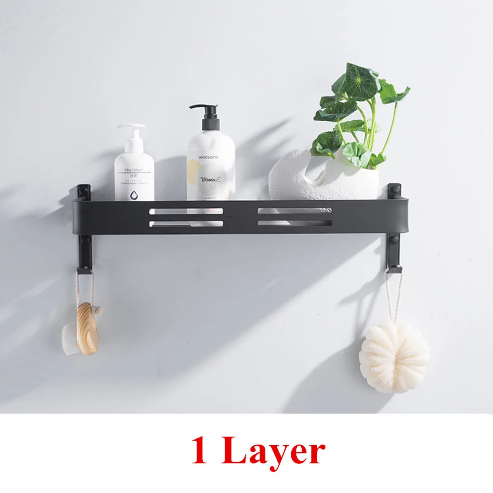 1 Layer Черная полка для ванной душ Caddy настенный кухонный стеллаж для ванной с баром крюк пространства полки из алюминия органайзер для хранения etagere - Цвет: 1 Layer