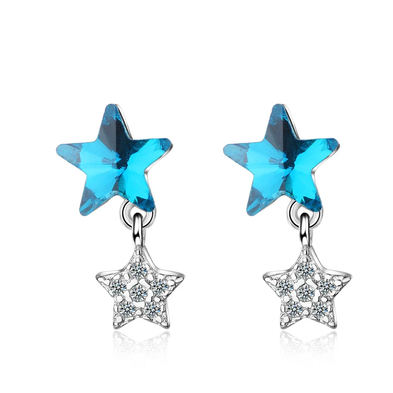 

KOFSAC Trendy 925 Silver Stud Earrings For Women Engagement Charm Crystal Blue Double Star Earring Jewelry Female Birthday Gifts