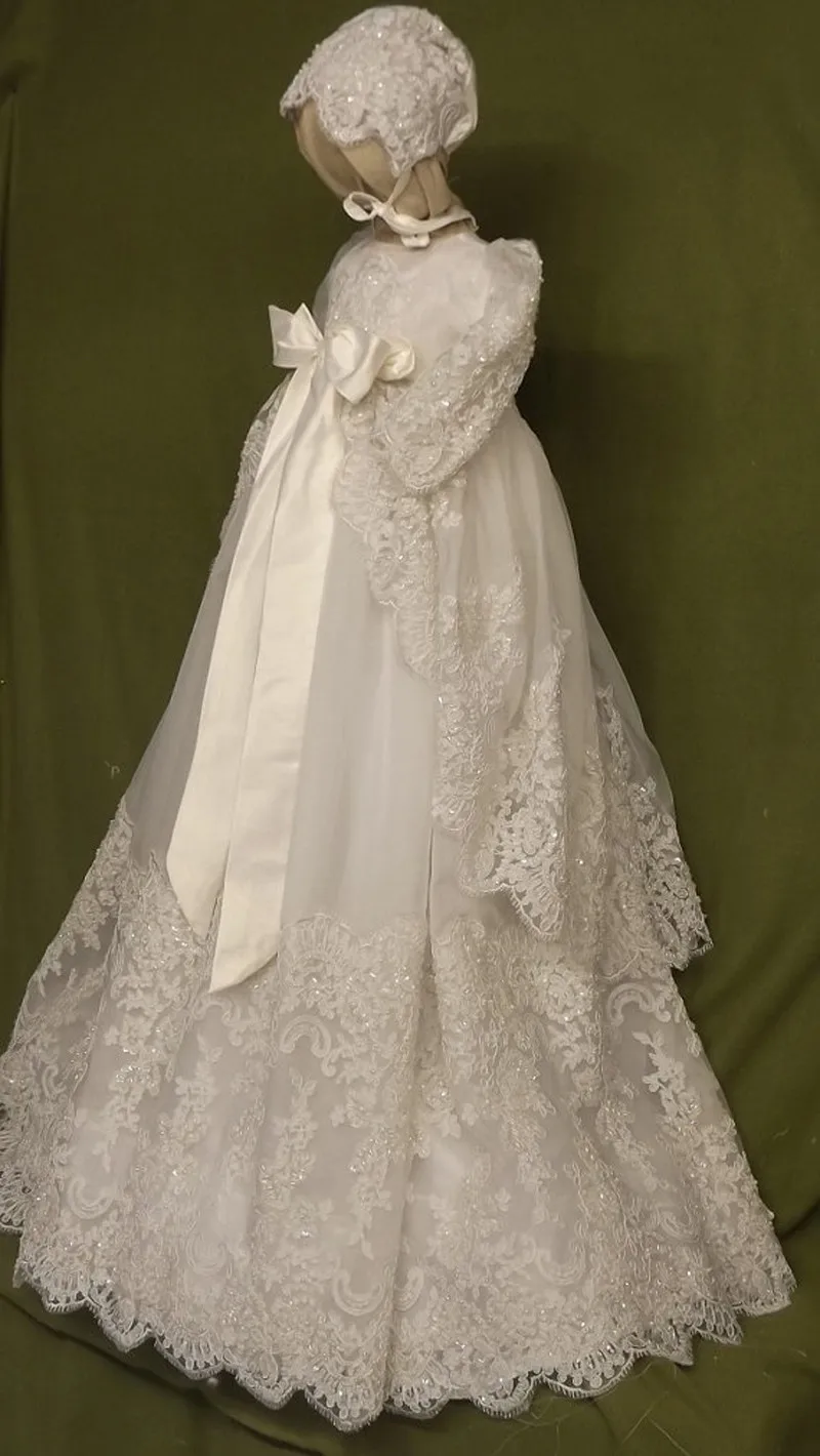 Vintage Baby Girls Christening Dresses Long Beading Lace Solid Holy Baptism Gowns White Ivory with Bonnet | Детская одежда и обувь