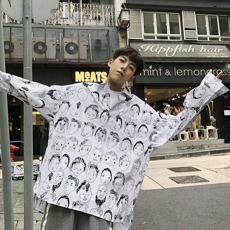 Hip Hop Shirts Men Japanese Streetwear Casual Print Shirt Male Summer Spring Fashion Loose Harajuku Long Sleeve Hawaiian | Мужская