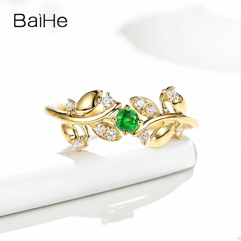 BAIHE Твердые 14 К желтого золота(AU585) 0.12ct натуральная натуральный цаворит и Алмазы обручальные для женщин ювелирные украшения подарок кольцо