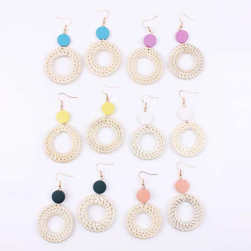 Rattan Drop Earrings Korean Round Pink Women Long Dangle Earring Fashion Pendientes Mujer Moda Trendy Jewelry Kolczyki | Украшения и
