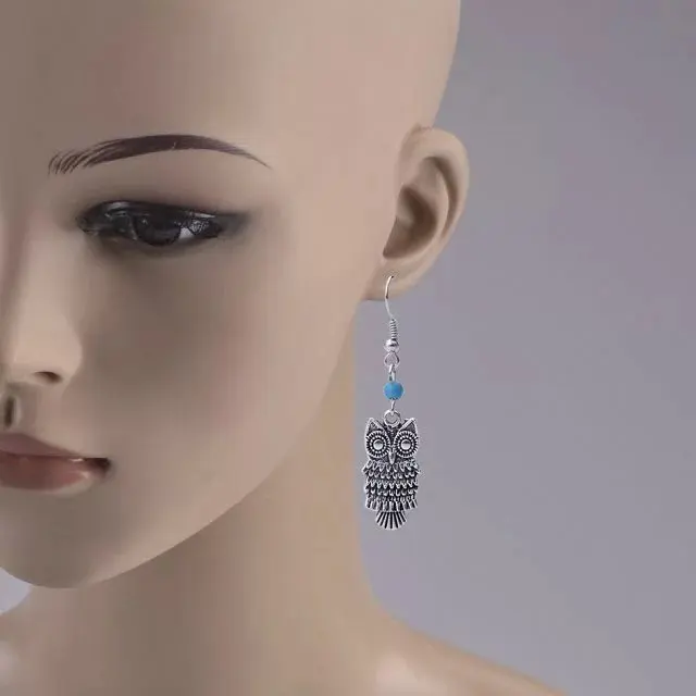 Женские винтажные серьги подвески из натурального камня с изображением совы и