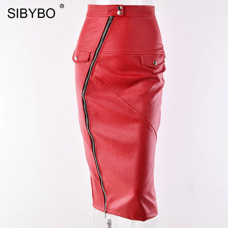 Красный Sibybo, сексуальные женские юбки из искусственной кожи с высокой талией, осенняя Женская юбка-карандаш с застежкой-молнией и пуговицами, зимняя повседневная женская юбка - Цвет: Красный