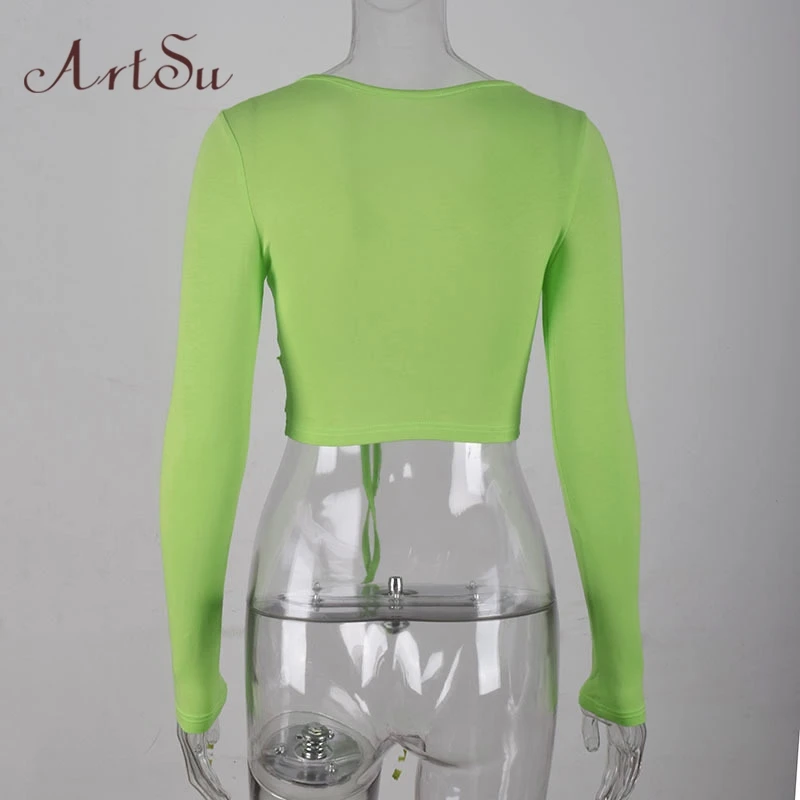 ArtSu Осенняя неоновая зеленая футболка с длинным рукавом Женская Сексуальная