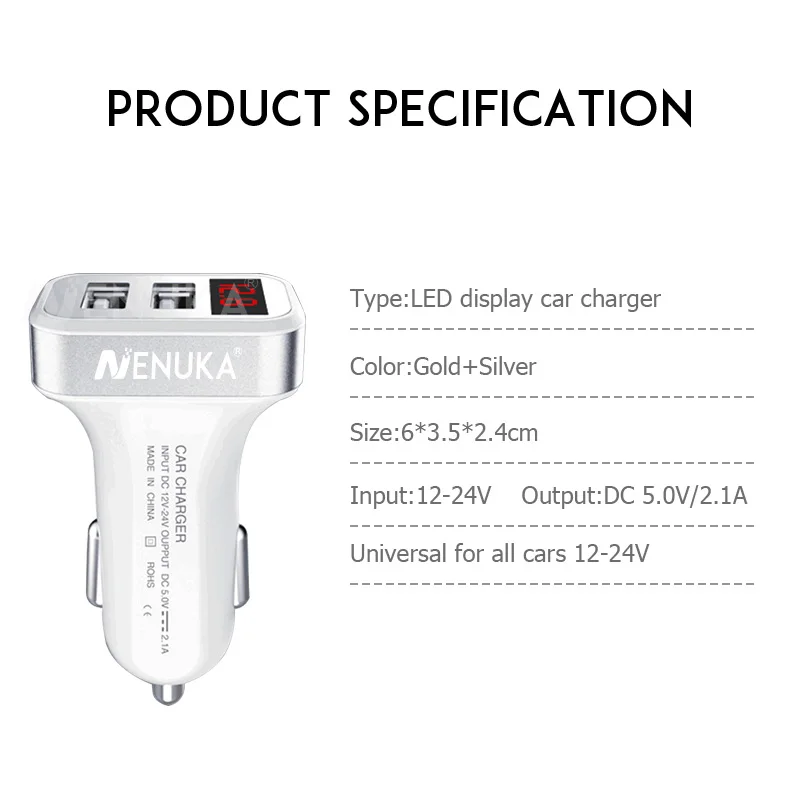 Ненука 2A автомобиля Зарядное устройство с двумя портами USB с светодиодный Дисплей Напряжение тока низкого Напряжение Предупреждение зарядки для samsung для iphone автомобиля Зарядное устройство