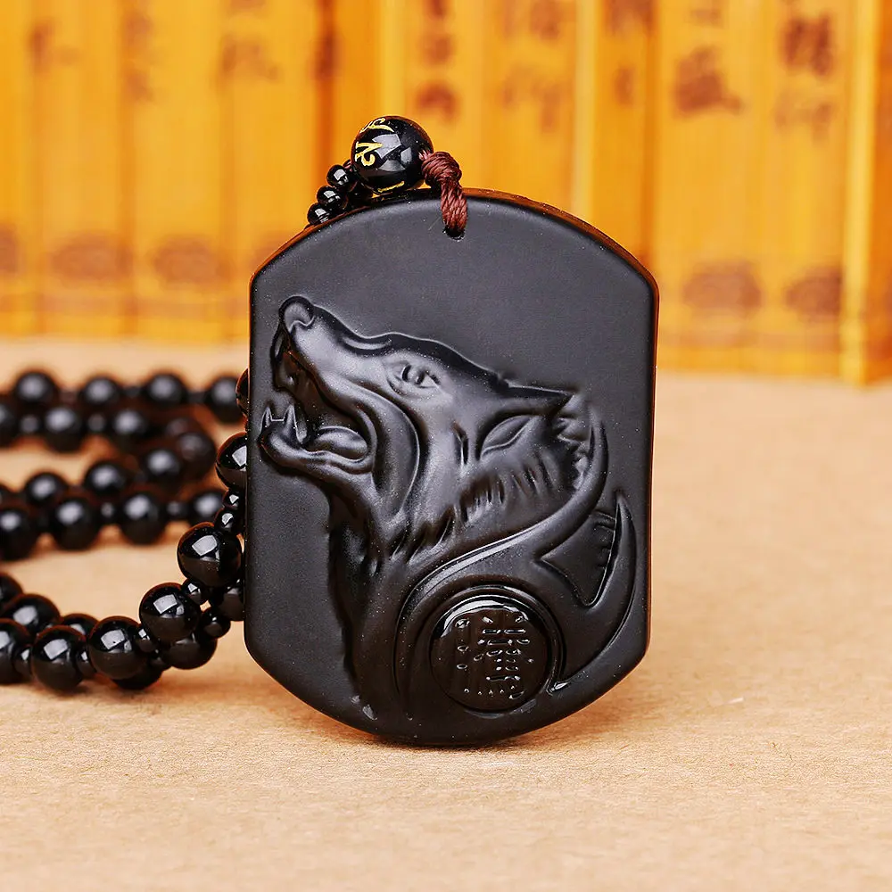 4 шт. обсидиановое ожерелье с подвеской в виде головы волка Хрустальная резьба