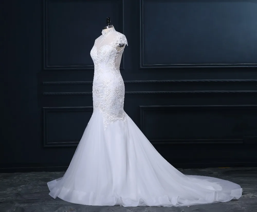 Real Image Vestido De Casamento High Neck Sheer Back Cap Sleeve Lace Mermaid Wedding Dresses Noiva 2015 PL388 | Свадьбы и торжества