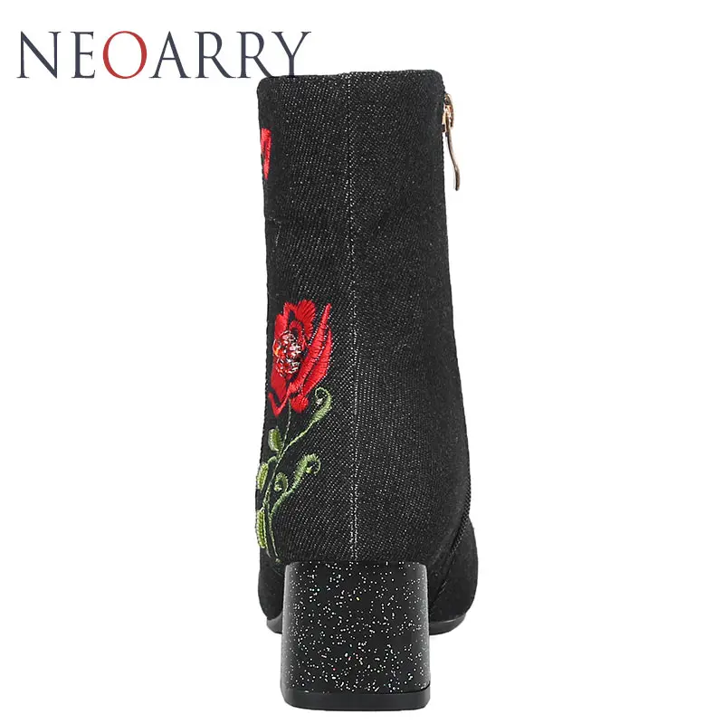 Neoarry Embroider Floral Denim Boots Ladies Party Shoes Chunky Block Med Heel String Beading Ankle Large Size 32-48 T90 | Обувь