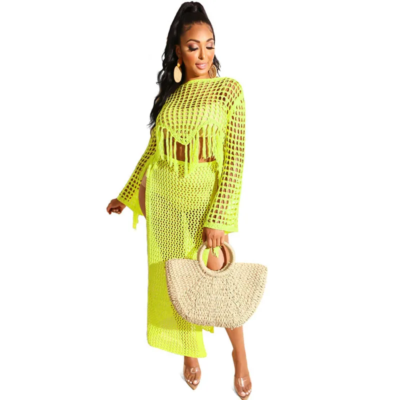 Женское ажурное вязаное пляжное платье Элегантное Длинное с длинным рукавом