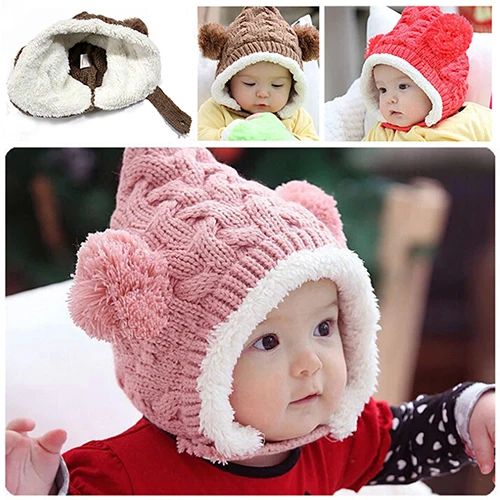 

Kid Baby Girl Boy Toddler Winter Warm Knitted Beanie Cap Earmuffs Ball Hat 76VF