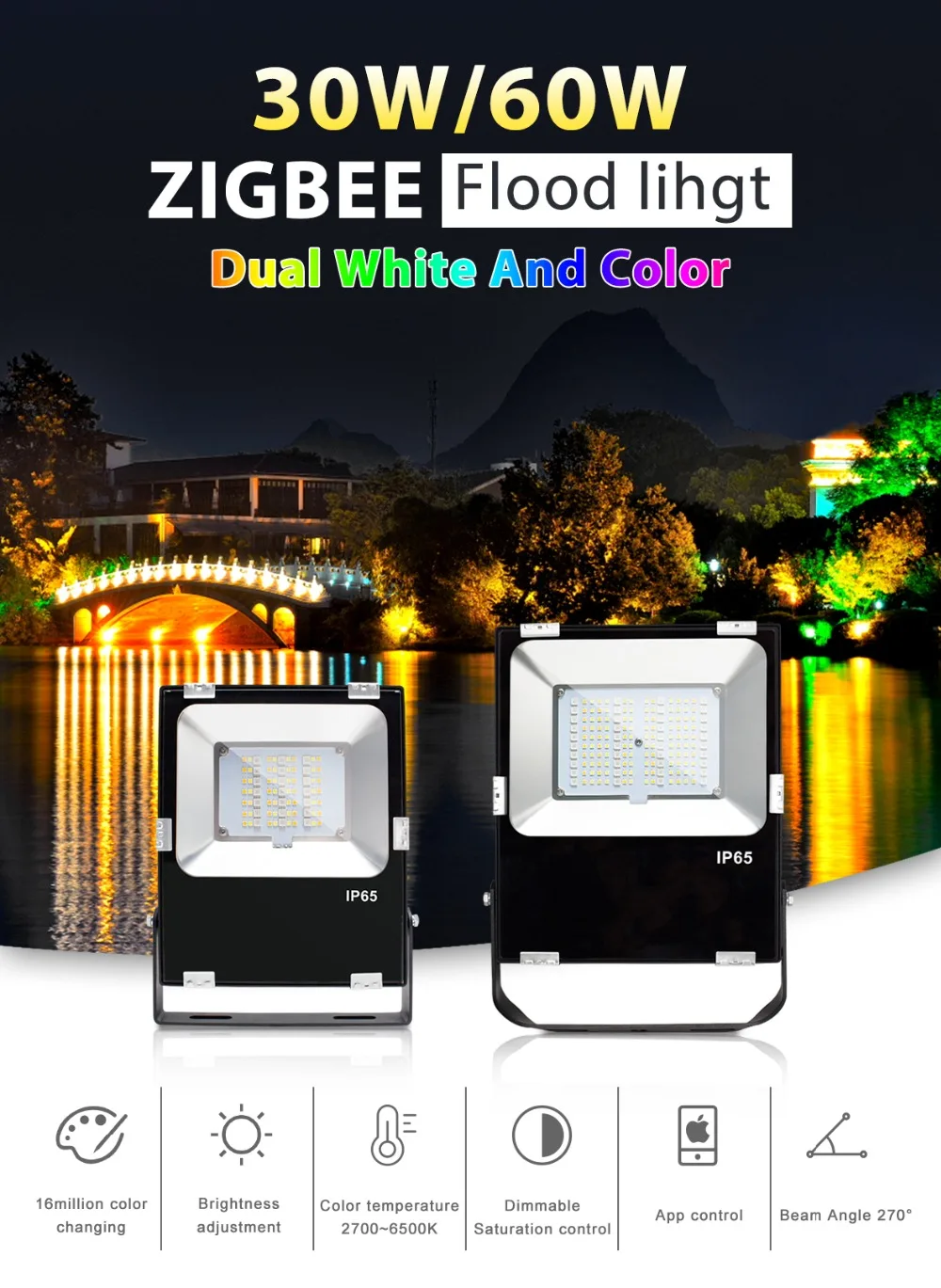 30 Вт 60 Вт ZIGBEE Светодиодный прожектор заливающего света RGB+ cct двойной белый и изменение цвета AC100-240V работать с echo plus outdoorlight AU EU US UK plug l