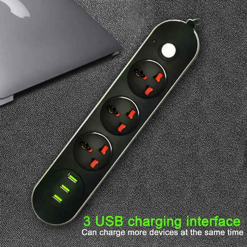 2 м удлинитель Универсальный USB сетевой шнур с европейской вилкой для дома и офиса с 3 розетками переменного тока 3 USB порта зарядное устройство 2500 Вт Разъем питания