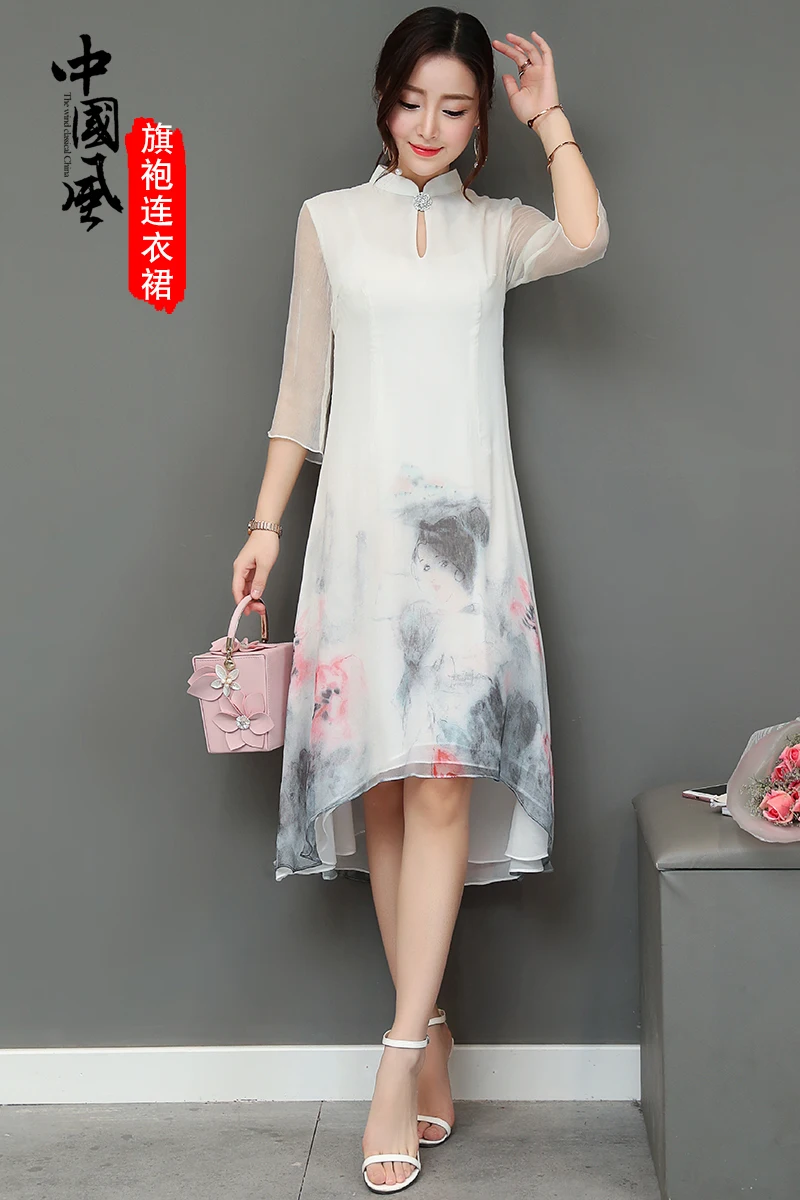 Ретро Китайский Стиль печати Cheongsam 2018 новый летний dressthree квартал рукава