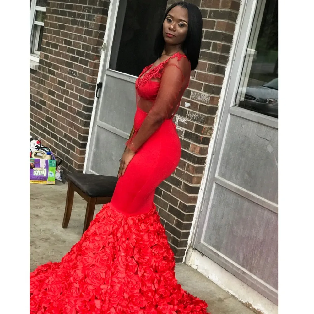 African Black Girls Red Mermaid Prom Dresses 2019 Sexy Sheer Waist Appliques Long Sleeve 3D Flowers Train Women Party Gowns | Свадьбы и