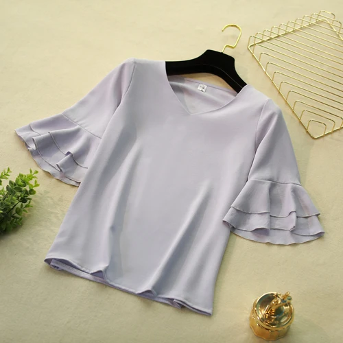 Light blue Модная брендовая женская блузка, летняя шифоновая рубашка с рукавом-бабочкой и v-образным вырезом, Повседневная блуза размера плюс 4XL, свободные женские топы - Цвет: Light blue