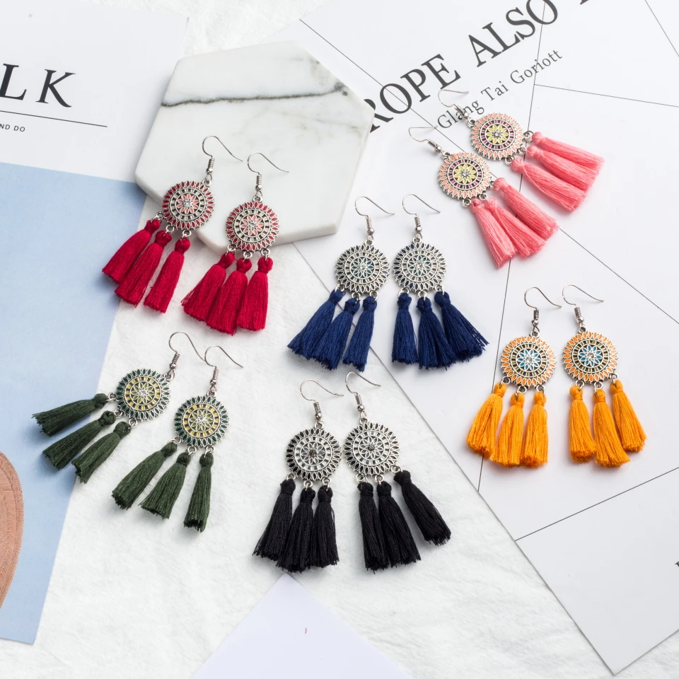 Женские серьги с цветными кисточками винтажные богемные этнические висячие