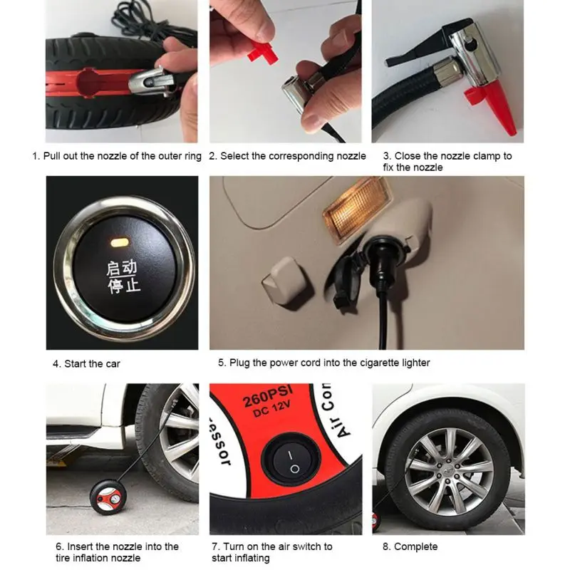 Car Mini Inflatable Pump DC12V Portable Anti-slip Metal Electric Air Compressor Monitor Pump with 3 Nozzle Adapters