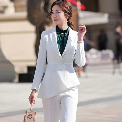 White Pant Suits Женский элегантный брючный костюм, тонкий, модный, формальный, черный, белый, длинный рукав, симметричный блейзер с брюками, офисный Женский Костюм 4XL - Цвет: White Pant Suits