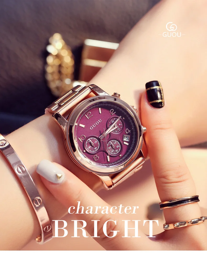 GUOU люксовый бренд 3 глаза из нержавеющей стали розовое золото водонепроницаемые