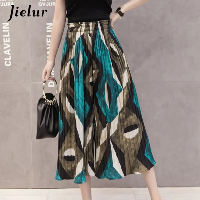 Green Impression Jielur модные плиссированные шифоновые брюки женские летнее в горошек Цветочные полосатые широкие брюки женские свободные Женские панталоны - Цвет: Green Impression