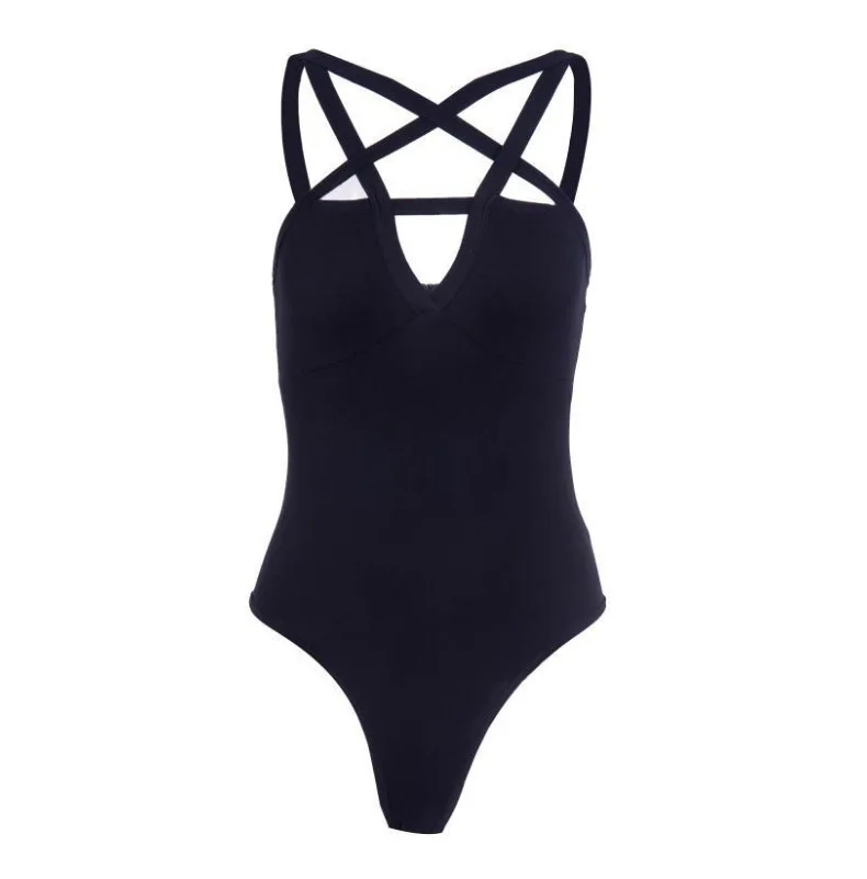 JIEZuoFang Gothic Women Jumpsuits Backless Cross Strap Front Design Hollow Out Pentagram Romper Black Sleeveless Slim Bodysuit