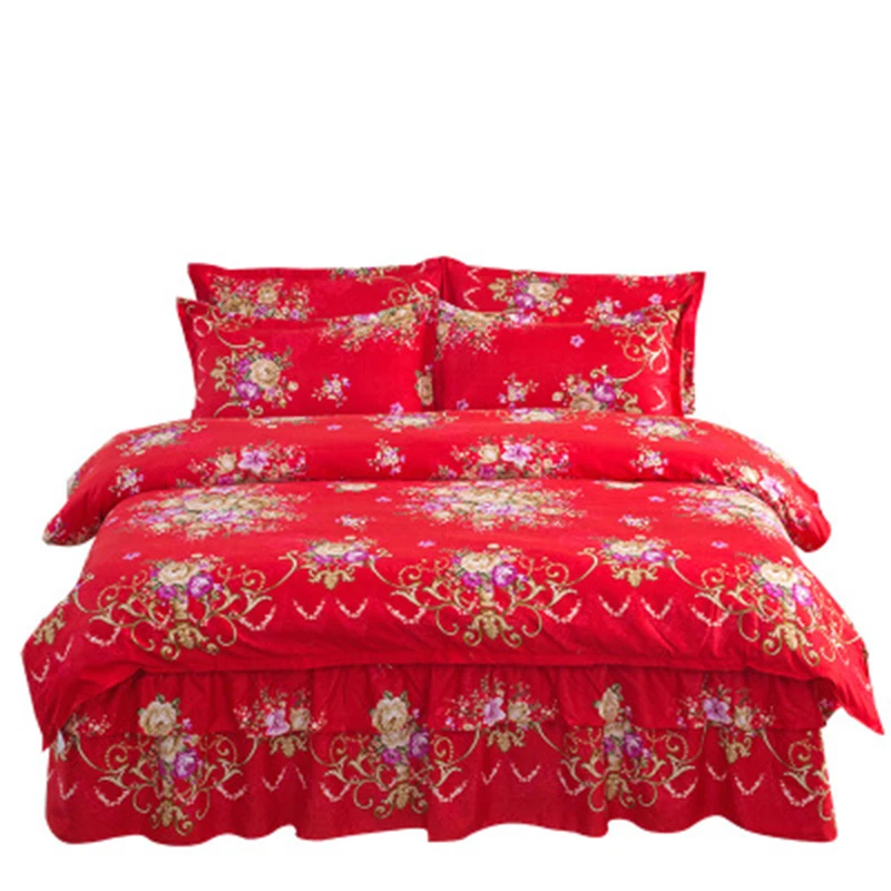 Свадебный комплект постельного белья 4 комплекта с красными цветами юбка-кровать
