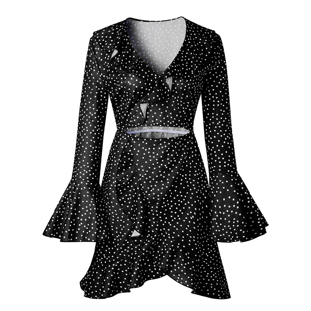 Dot Print Summer Dress Women Long Flare Sleeve Deep V-Neck Sexy Mini Ruffles Chiffon Short Boho Beach Vestidos Plus Size | Женская