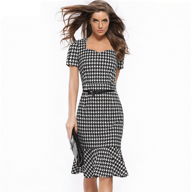 Женское платье-карандаш с юбкой-годе черное платье драпировкой в клетку лето 2019 |