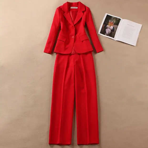 High quality fashion new red fashion suit female Formal OL slim suit high waist straight wide leg pants  women outfits enlarge