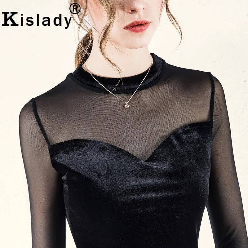 Kisaldy новые женские сетчатые Лоскутные рубашки с круглым вырезом облегающие