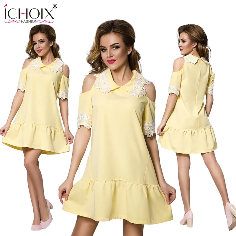 ICHOIX 2017 New Summer A-line Dress Off Shoulder Fashion Robe women Casual Elegant Lace dress Loose Cltohing Sky Pink Cute | Женская