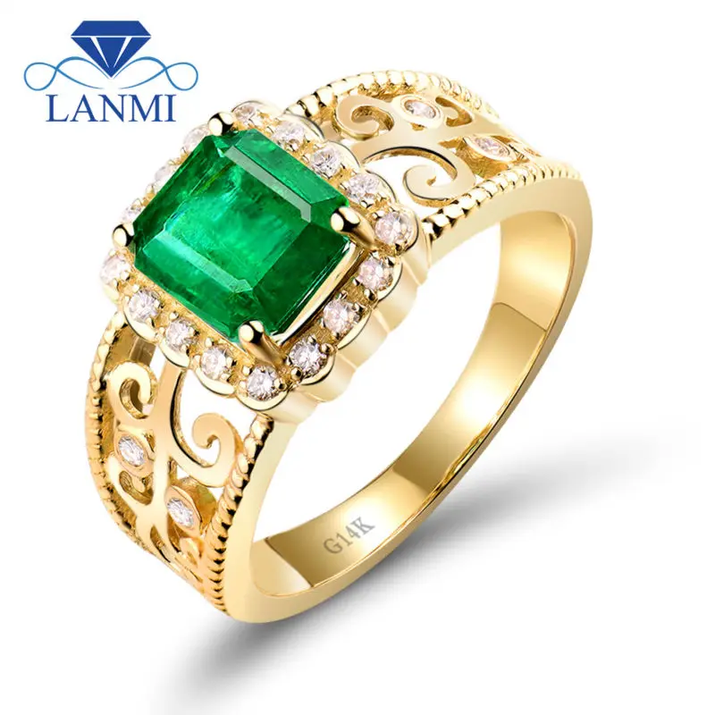 

LANMI Emerald Cut Engagement Rings 6x8mm Natural Emerald Diamond Gemstone Solid 14K Yellow Gold Ring 89EM-WU018